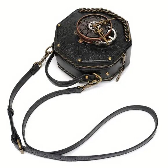 Steampunk Industrial Roman Numeral Antique Clock Octagon Purse Bag - Picture 4 of 5